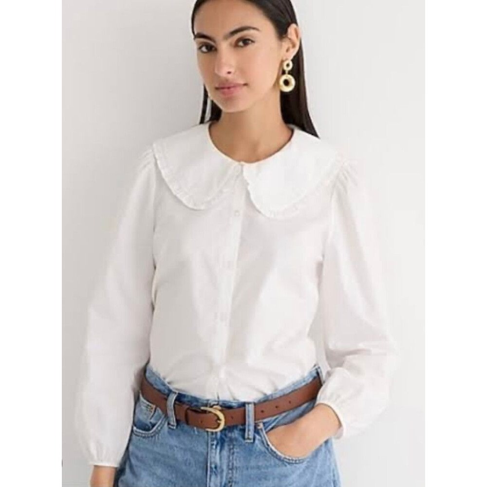 NWT J Crew Ruffle Peter Pan Collar Shirt Blouse Top White Cotton Poplin 2 4  XS